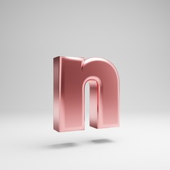 Volumetric glossy Rose Gold lowercase letter N isolated on white background.