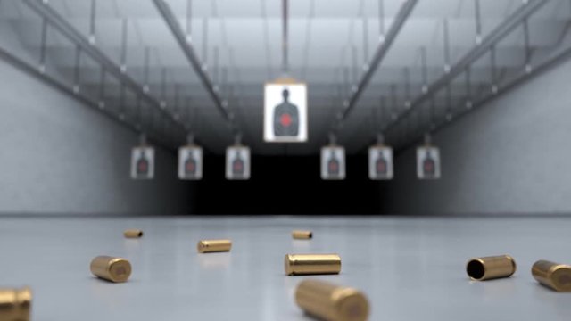 Shooting range with shells falling in front of camera. Target damaged by bullets