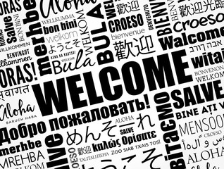 WELCOME word cloud in different languages, conceptual background