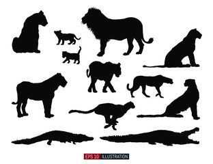 African animals silhouettes set. Lion, cheetah, crocodile. Template for your design works. Vector illustration.