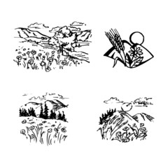 landscape with flowering meadow and trees and hills, set of black and white hand drawn icons