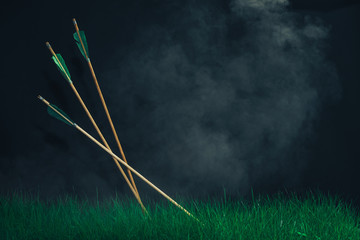 Three wooden arrows in the grass. Beautiful smog background. Medieval weapons handmade.