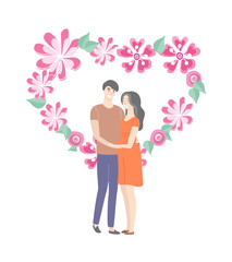 Heart banner of spring flowers and students in love, male and female isolated cartoon characters. Vector guy and brunette girl in red dress, teenage people