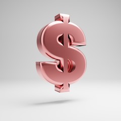 Volumetric glossy Rose Gold dollar symbol isolated on white background.