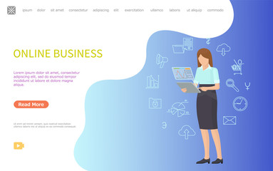 Fototapeta na wymiar Online business web poster, woman working worldwide using digital tablet. Communication and work via Internet, message and cloud storage, signs and charts vector
