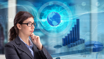 young businesswoman looking at global financial data charts, 3d illustration