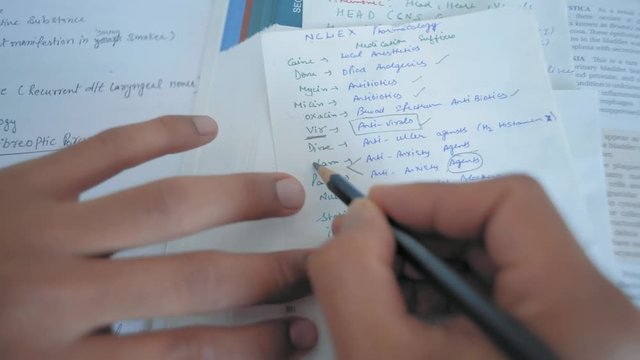 Close-Up, Top View, Indian Student Hand with Karashdash Writes Cheat Sheet for Exam