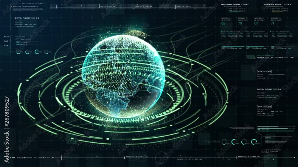 Aufkleber Futuristic motion graphic user interface head up display screen with Holographic Earth and digital data telemetry information display for digital background computer desktop display screen