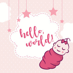 Welcoming Newborn Baby Girl Announcement. Cute Baby Girl Sleeping. Card Design. Vector Illustration.