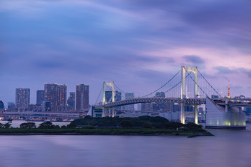 Fototapeta na wymiar Rainbow bridge, Tokyo skyline and Tokyo tower, evening scene