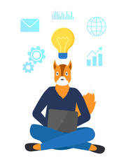 Lightbulb idea vector, freelancer using laptop hipster animal working on computer typing info. Message envelope and globe icon, cogwheel and infochart