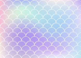 Mermaid scales background with holographic gradient. Bright color transitions. Fish tail banner and invitation. Underwater and sea pattern for girlie party. Neon backdrop with mermaid scales.