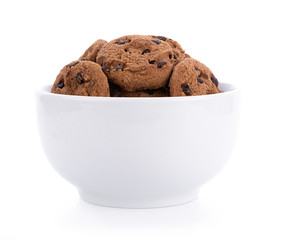 Chocolate chip cookie in bolwl on white background