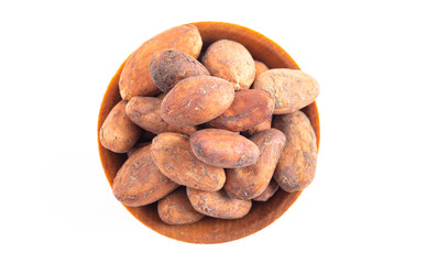Bowl of Raw Cocoa Beans Isolated on a White Background