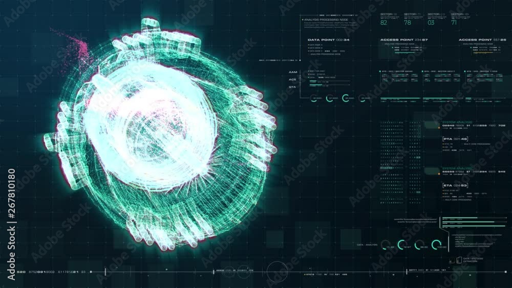 Poster Advance motion graphic futuristic user interface head up display screen with Holographic electromagnetic machine with gravitational fields energy particles wave and digital data telemetry information 