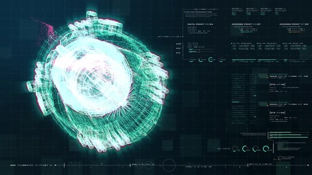 Advance motion graphic futuristic user interface head up display screen with Holographic electromagnetic machine with gravitational fields energy particles wave and digital data telemetry information 