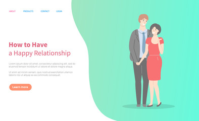How to build happy relationships, adult couple, man in suit and oman in red dress cartoon characters. Vector husband and wife family. Website or webpage template, landing page flat style