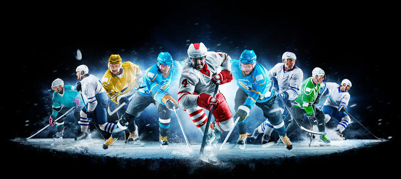 Grand ice hockey collage with professional players on the black background © 103tnn