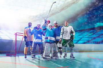 Professional hockey players in action on grand arena