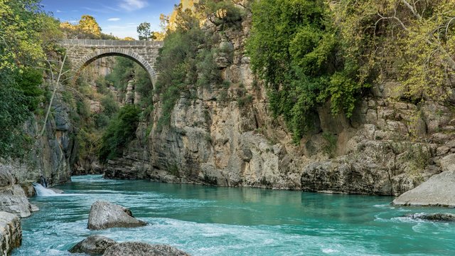 Antique Oluk Bridge across Kopru Irmagi creek in Koprulu Kanyon national park in Turkey