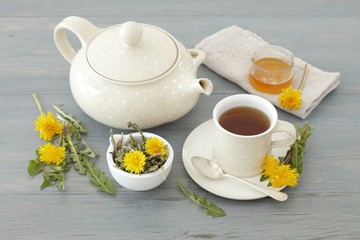 Dandelion tea in cup and tea pot