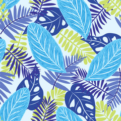 Creative seamless pattern with bright tropical plants on white background. Vector design. Flat jungle print. Floral background.