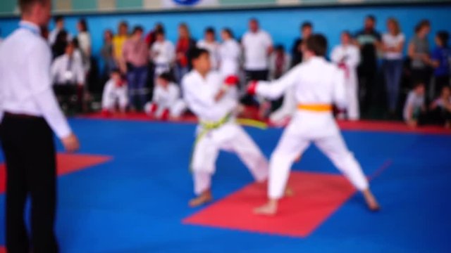 Karate competitions. Out of focus. Slow motion.