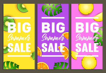 Big summer sale vertical banners design. Pineapple, orange, kiwifruit and tropical leaves on yellow, violet and pink background. Vector illustration can be used for posters, flyers, signs