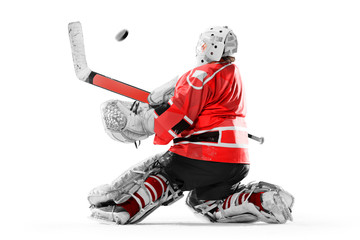 Professional ice hockey player goalkeeper in action on white backgound