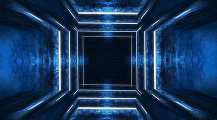 Tunnel in blue neon light, underground passage. Abstract blue background. Background of an empty black corridor with neon light. Abstract background with lines and glow. 3D illustration.