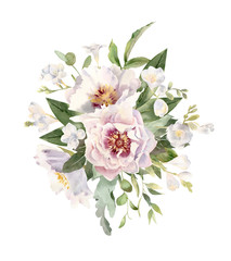 Handpainted watercolor wreath of white freesias and peonies