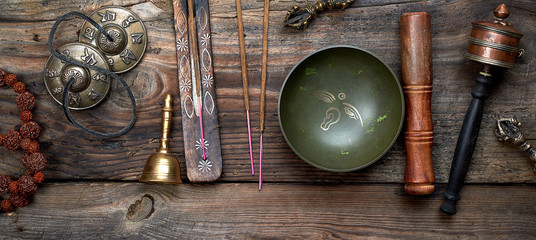 Tibetan singing bowl and other religious ritual instruments for meditation