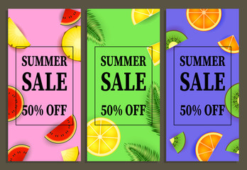 Summer sale vertical banners design. Lemon, orange, watermelon, pineapple on green, blue and pink background. Vector illustration can be used for posters, flyers, signs