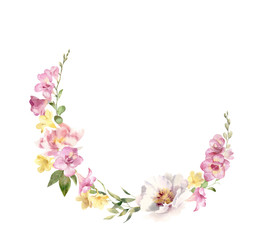 Watercolor wreath of peonies and freesias