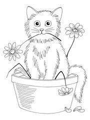 Kitten break flowers and sitting in the pot graphic black white isolated sketch illustration vector