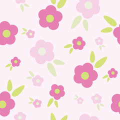 Seamless pattern of beautiful pink flowers with green leaves with various shades of pink on a pink background. Blooming pink flower in spring and summer season.