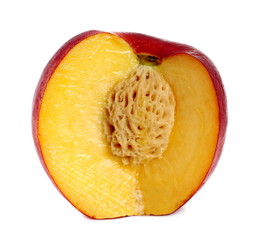 Fresh ripe peach fruit slice isolated on white background