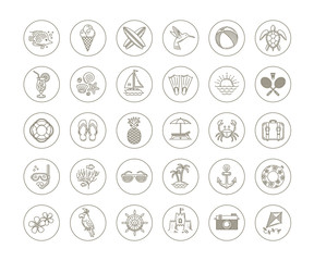 Line drawing icon set - Summer vacation, holidays and travel objects, items, signs and symbols. Vector illustration.