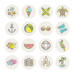 Line drawing icon set - Summer vacation, holidays and travel objects, items, signs and symbols. Vector illustration.