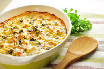 Chicken breast and cauliflower casserole in ceramic baking dish