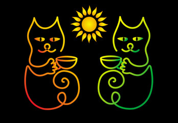 Two cartoon colorful cat on a black background with cups of coffee or tea. Sparkling colors and  yellow-orange sun. Vector Art.