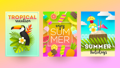Fototapeta premium Vector flat design. Set of summer holidays and tropical vacation posters or greeting card.