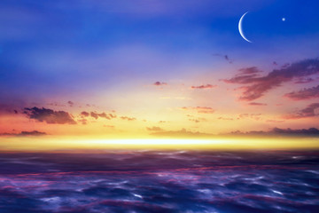 Crescent moon with beautiful sunset background . Generous Ramadan . Light from sky . Religion...