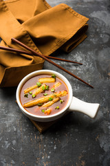 Baby Corn Manchurian with gravy - popular Indo-chinese recipe. selective focus