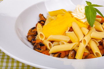 Penne pasta with pumpkin, tofu and mushrooms on white plate. Close up