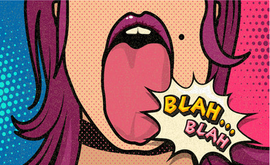 Bla, bla! Lustiges komisches sexy Mädchen der Pop-Art. Modisches Poster und Banner. Social Media Verbinden von Blog-Kommunikationsinhalten. Trendiger und modischer Farbretro-Vintage-Illustrationshintergrund. © brainpencil