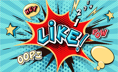 Like. Pop art cloud bubble. Funny speech bubble. Trendy Colorful retro vintage background in popart retro comic style. Illustration easy editable for Your design. Explosion comic cartoon effect.