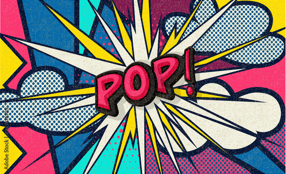 Wall mural Pop! Pop art funny comic speech word. Fashionable poster and banner. Social Media Connecting Blog Communication Content. Trendy and fashion color retro vintage illustration background. Easy editable.