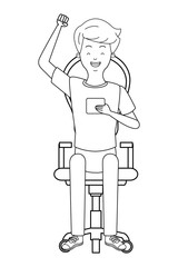 Young man with smartphone cartoon in black and white