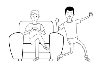 young men cartoon in black and white